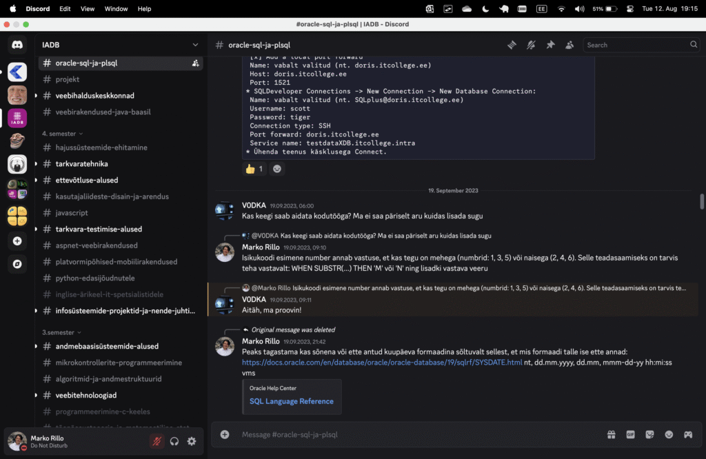 IT Süsteemide arenduse IADB õppekava discord grupi SQL kursuse kanali ekraanivaade